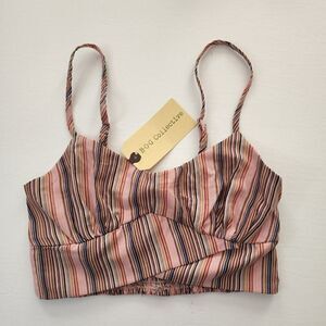 BOG Collective XS - Womens Pink Smocked Sleeveless‎ Straps Striped Cropped Top